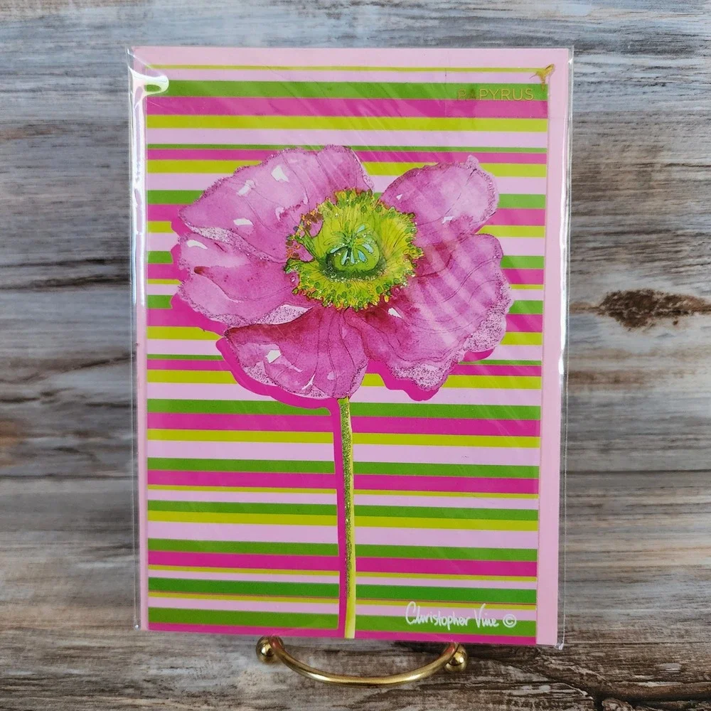 Papyrus Christopher Vine Pink Poppy Glitter Greeting Card Pink Green Striped